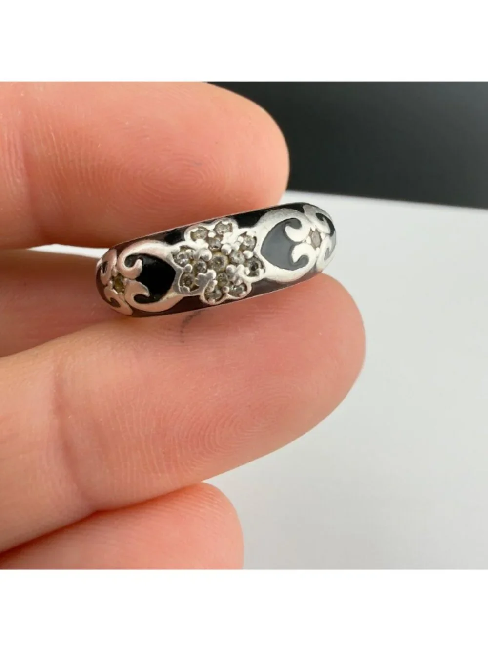 Hidalgo Sterling Silver Black Enamel CZ 925 Band Ring Size 7